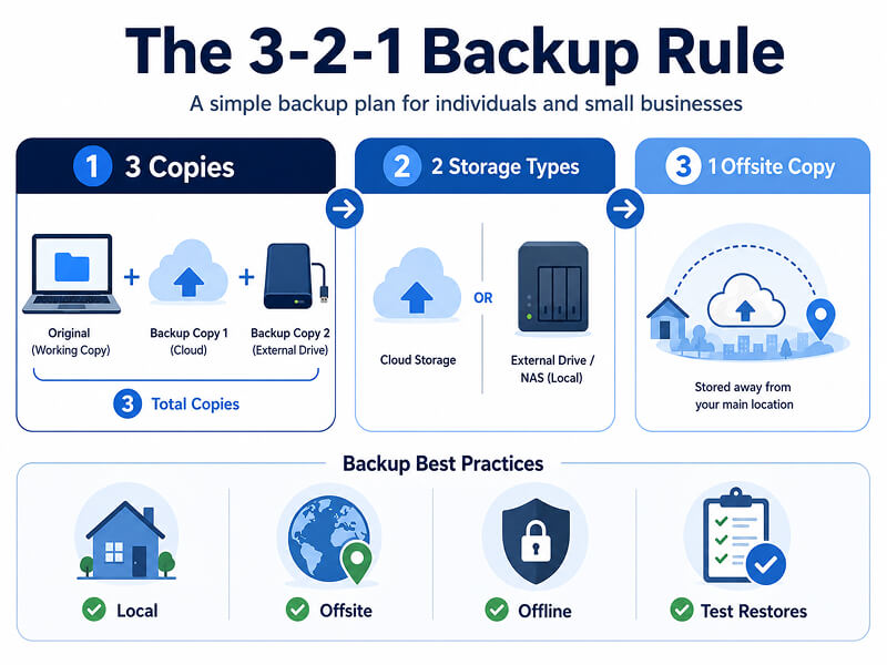 A graphic visualizing the 3-2-1 Backup Rule.