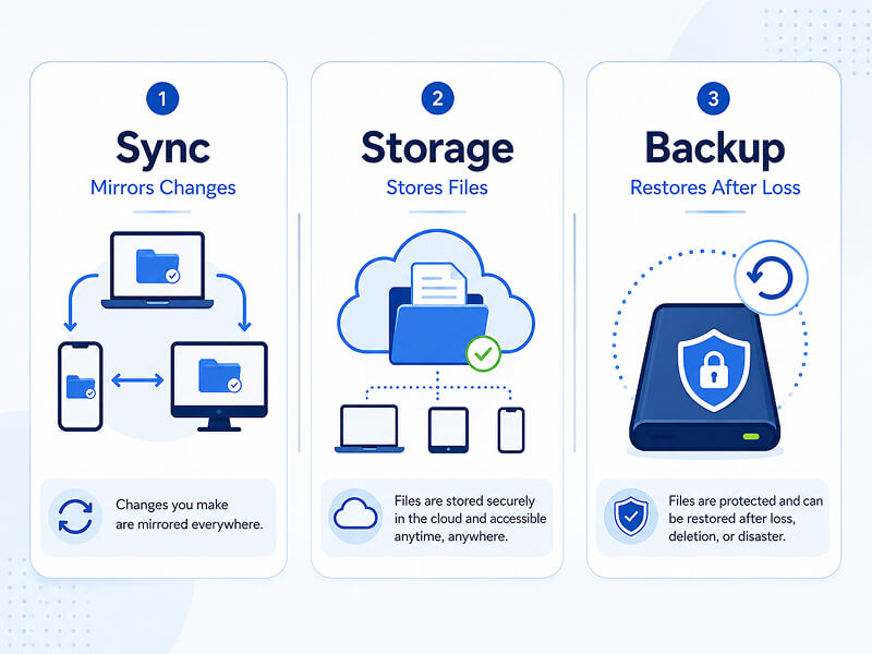 A graphic outlining the difference between cloud sync, storage, and backup services.