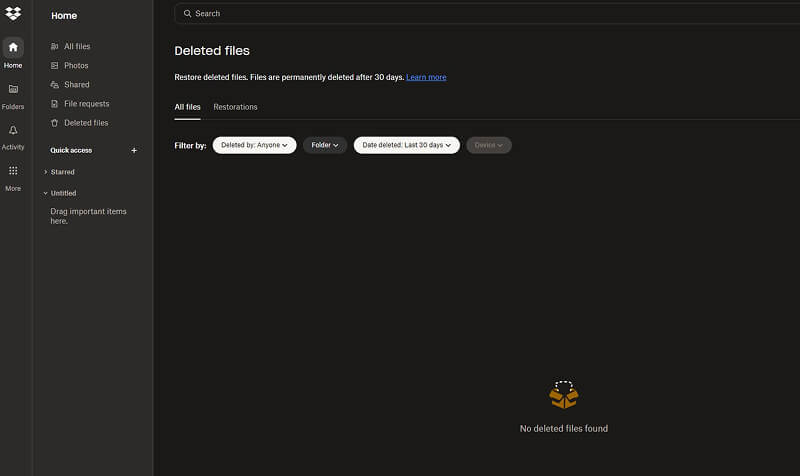 A screenshot showing a cloud storage platform’s folder for deleted files.