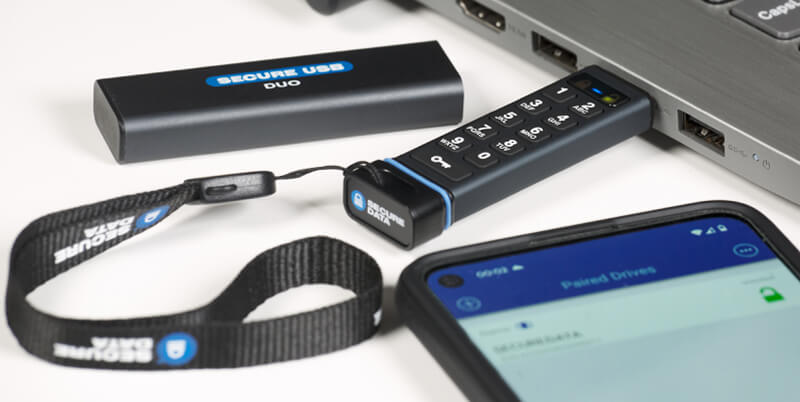 An image of the SecureUSB® DUO plugged into a laptop.