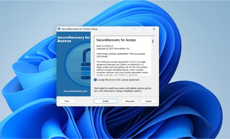 Screenshot showing the license agreement for SecureRecovery for Access.