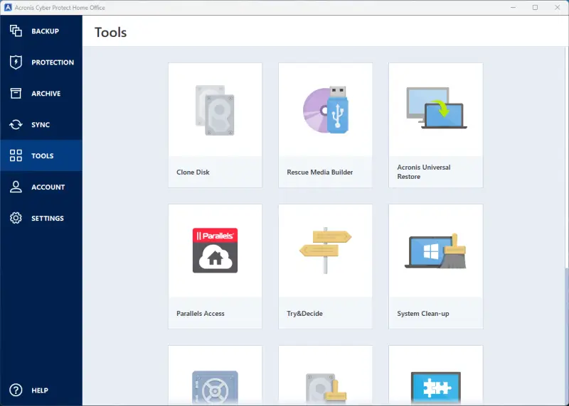 An overview of the Tools menu on Acronis Cyber Protect Home Office