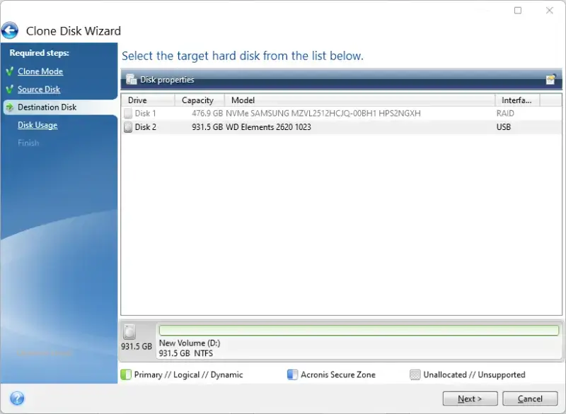 Screenshot of the Destination Disk menu in the Acronis True Image software.