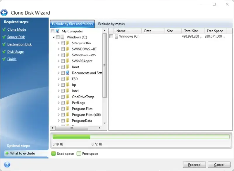 Screenshot of the window to exclude selected files in the Acronis True Image software.