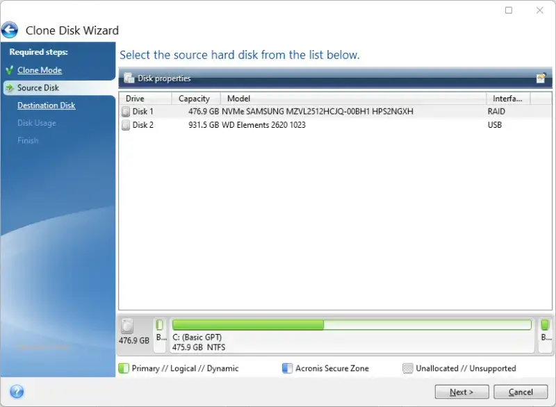 Screenshot of the Source Disk menu in the Acronis True Image software.