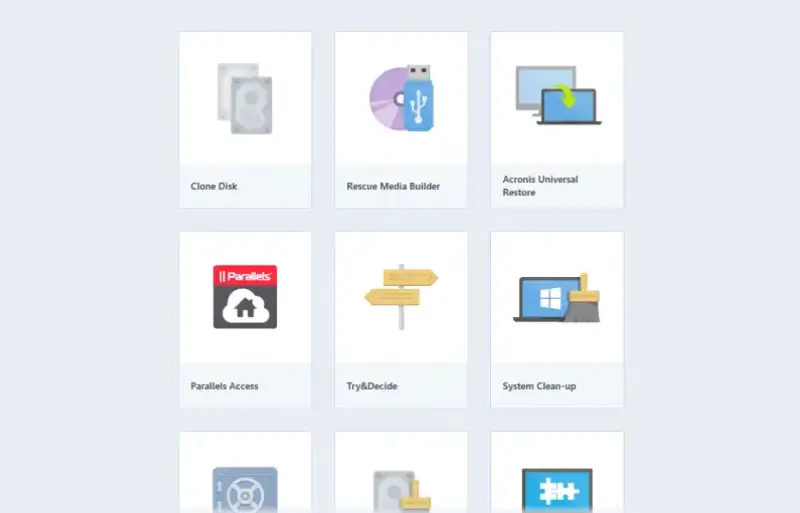 Screenshot of the Tools menu in the Acronis True Image software.