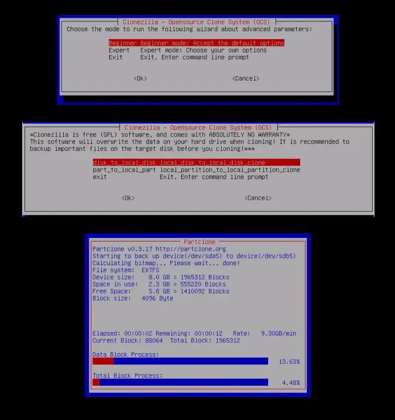 Screenshots showing various modes and statuses on open-source Clonezilla software.