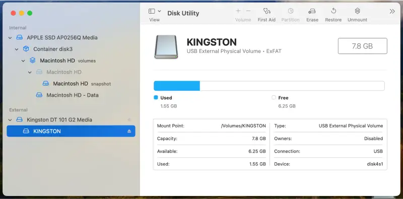 Screenshot showing a connected external drive in Disk Utility.