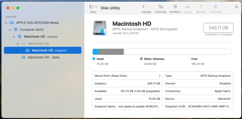 Screenshot showing a list of volumes in Disk Utility.