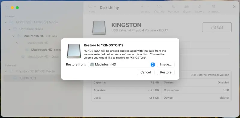 Screenshot showing the Restore function in Disk Utility.