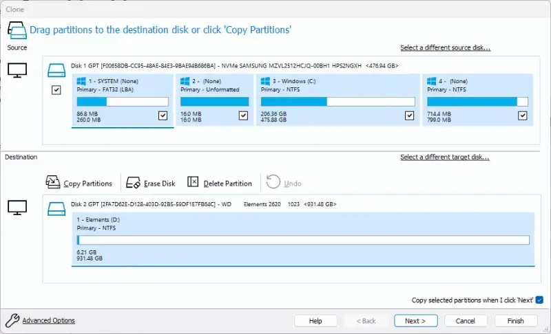 A screen where users can select Advanced Options for Macrium Reflect.