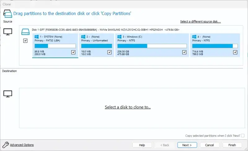 A screen where users select the destination disk on Macrium Reflect.