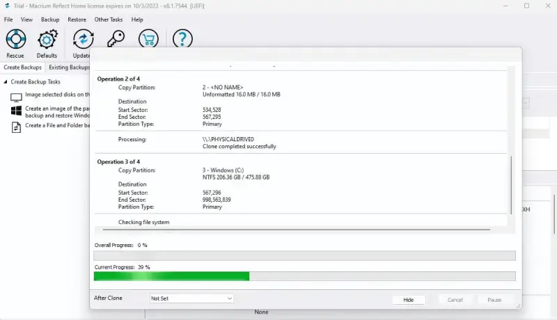 A screen showing the progress of the cloning process on Macrium Reflect.