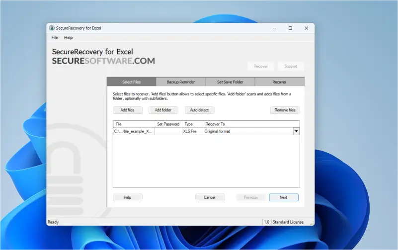 Screenshot showing the option to add files or folders in SecureRecovery for Excel