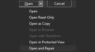 MS Office open file drop down menu to repair