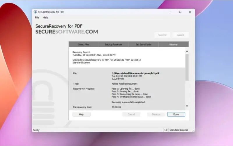 SecureRecovery for PDF file repair report