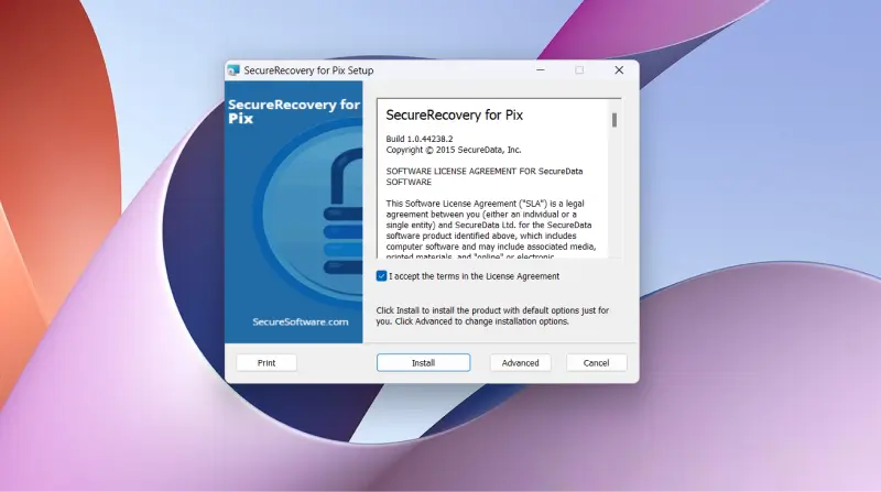 SecureRecovery for Pix installation setup license agreement and installation