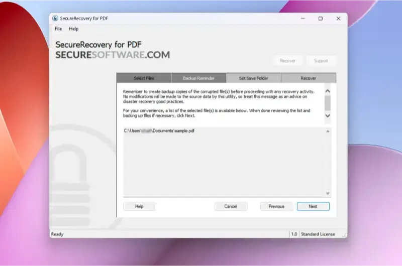 Screenshot showing a backup reminder before using SecureRecovery for PDF.