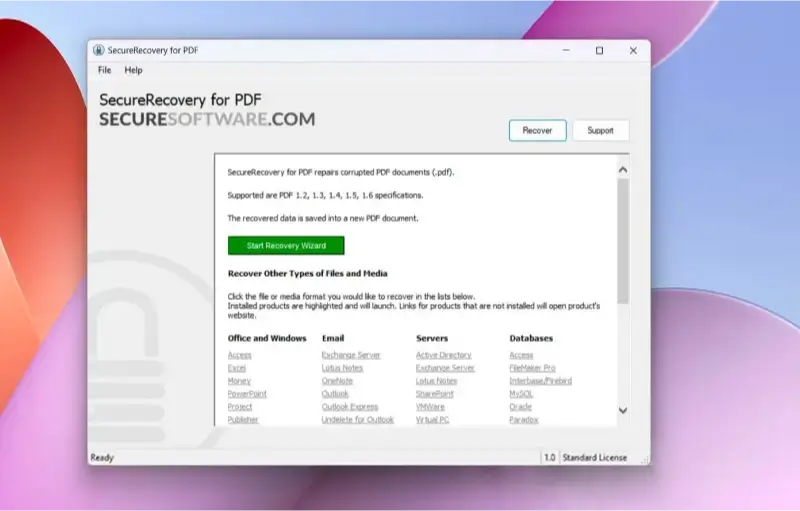 Screenshot showing the license agreement for SecureRecovery for PDF.