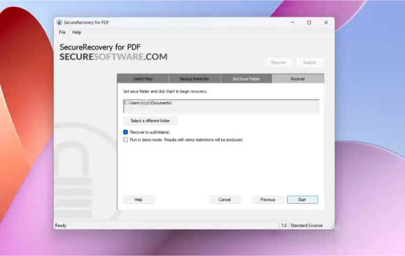 Screenshot showing where restored files are saved after using SecureRecovery for PDF.