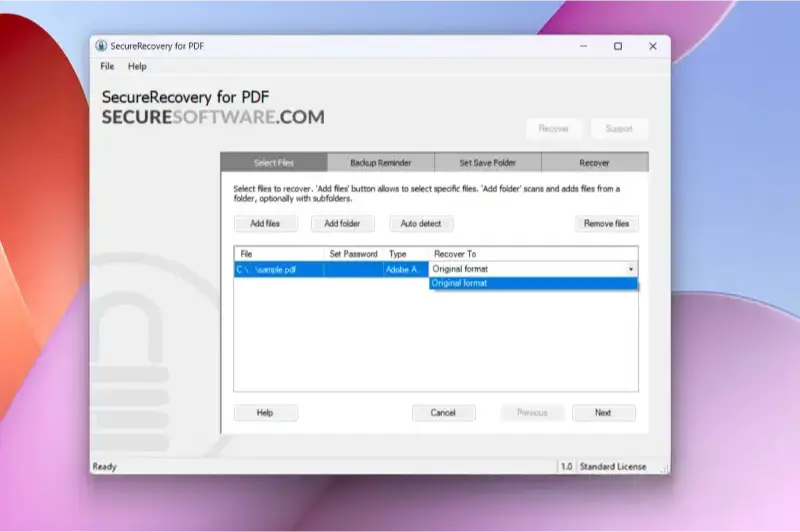 Screenshot showing the option to add files or folders in SecureRecovery for PDF.