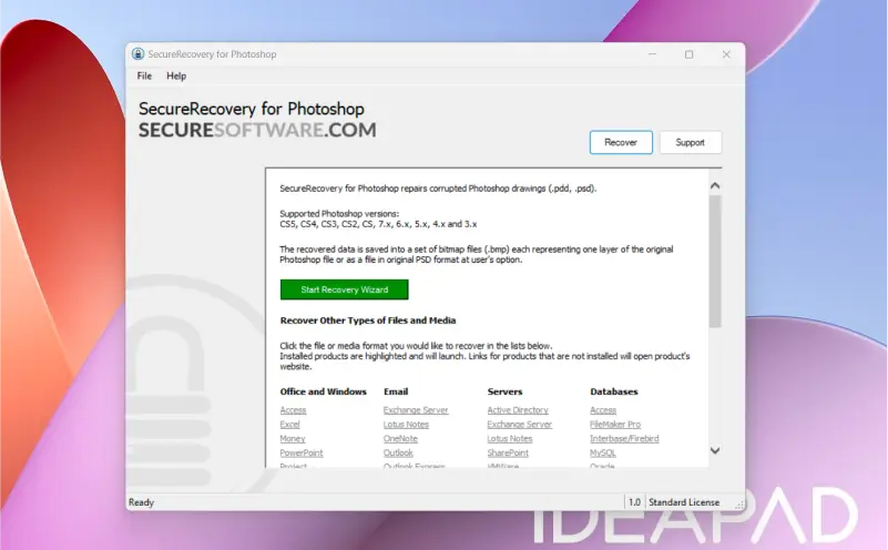 Screenshot showing the license agreement for SecureRecovery for Photoshop.