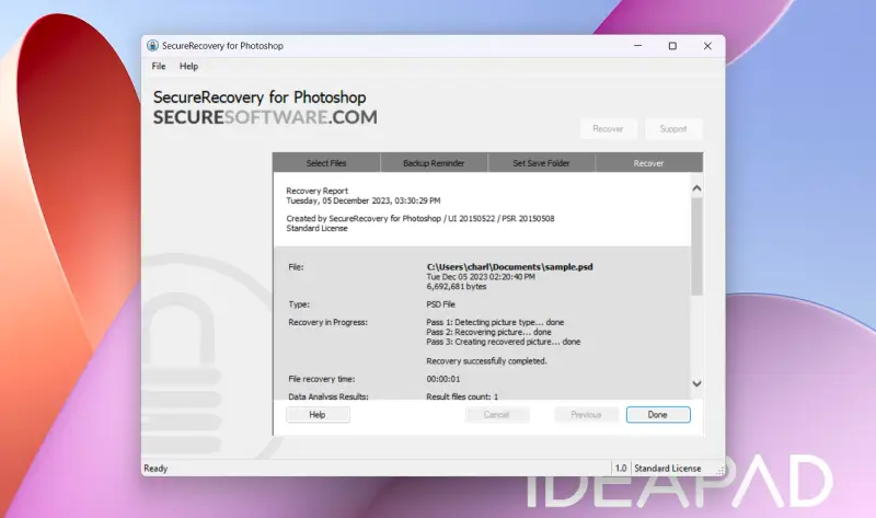 Screenshot showing the report of a successful repair and restoration in SecureRecovery for Photoshop.