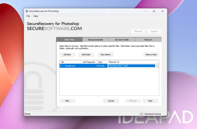 Screenshot showing the option to add files or folders in SecureRecovery for Photoshop.