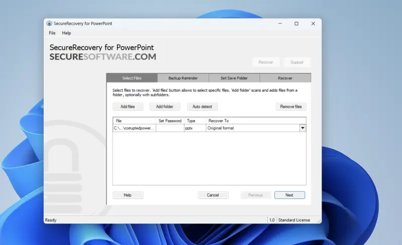 Screen for adding more files and folders in SecureRecovery for PowerPoint