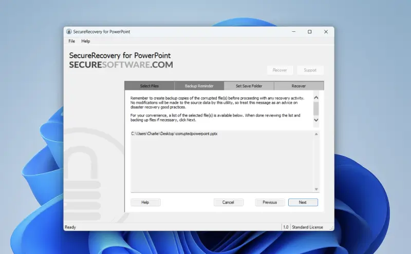 Screen reminding users about backing up data in SecureRecovery for PowerPoint