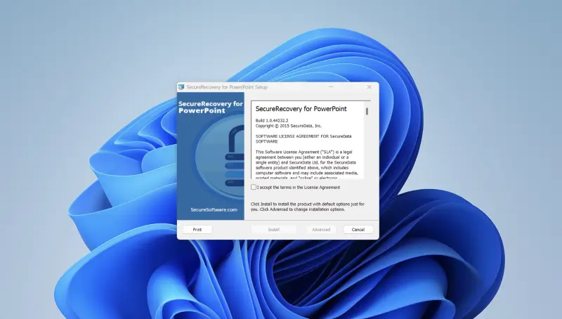 Screen showing the license agreement for SecureRecovery for PowerPoint