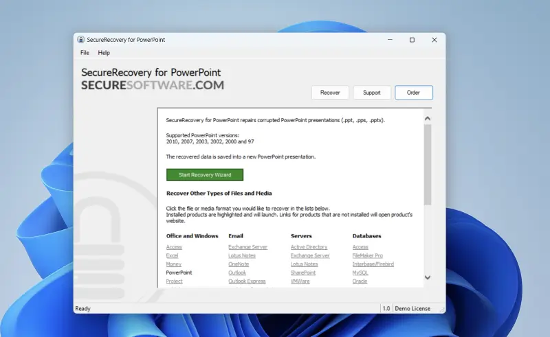Primary screen of SecureRecovery for PowerPoint