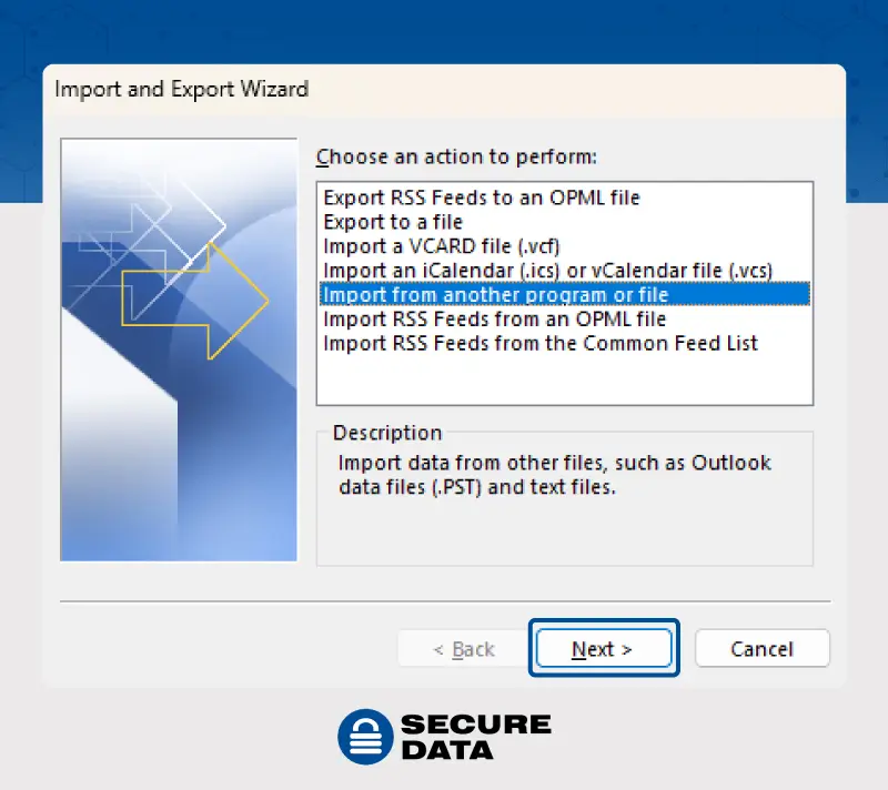 outlook import and export wizard step 1a