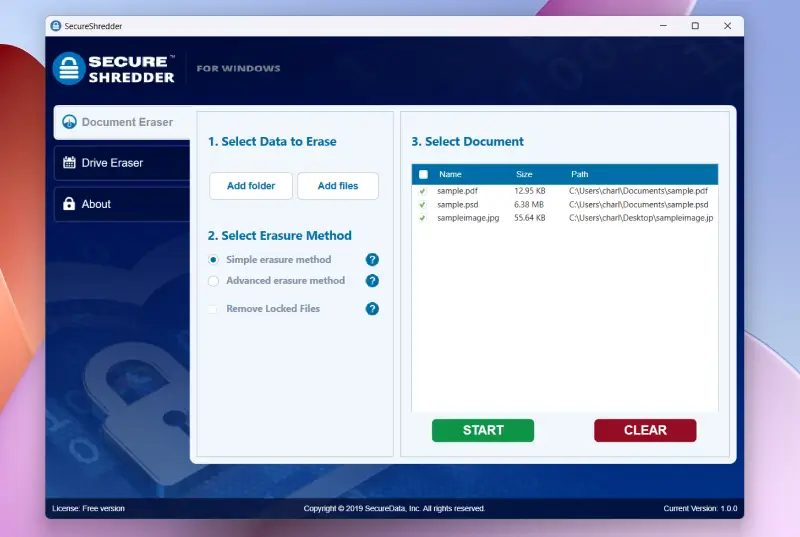 SecureShredder Document Eraser Select Erasure Method Screen