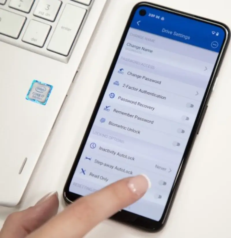 An image of Drive Settings menu on the mobile app for the SecureDrive® BT.
