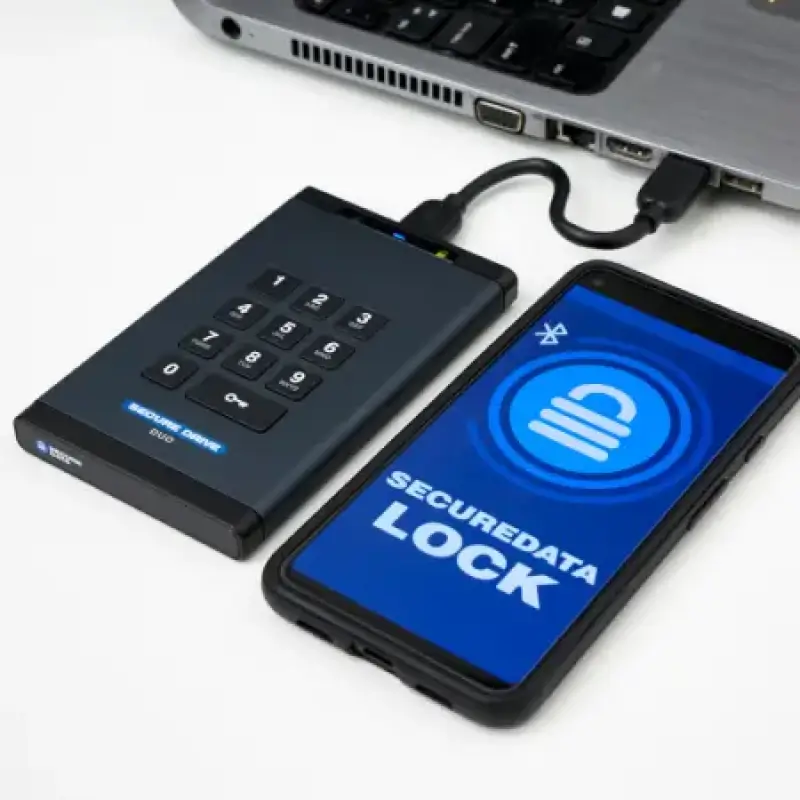 An image of the SecureDrive® DUO plugged into a laptop.