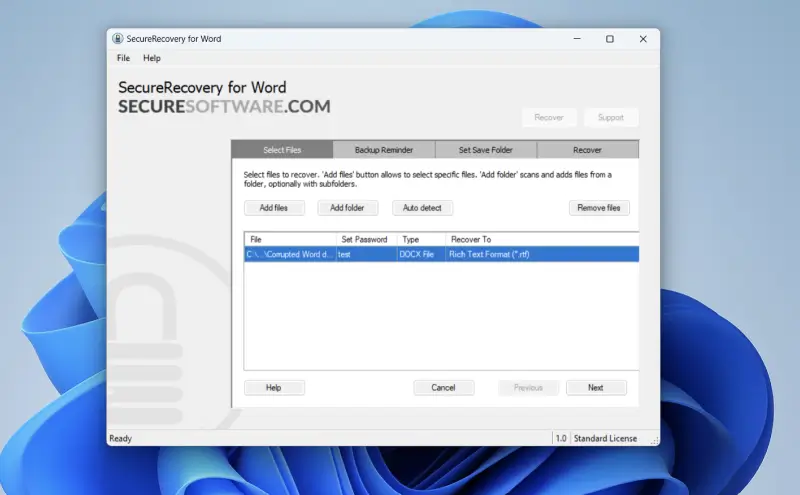Screen for adding more files and folders in SecureRecovery for Word
