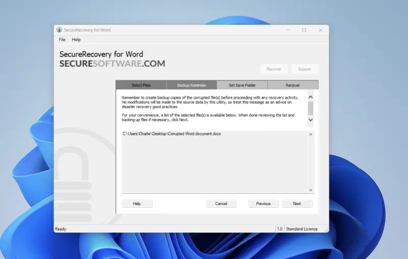 Screen reminding users about backing up data in SecureRecovery for Word