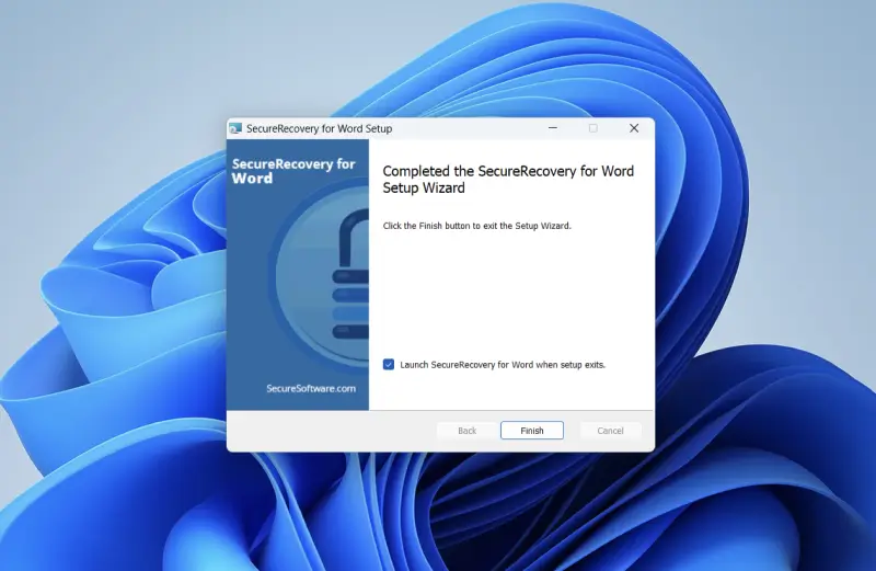 Finishing installation on SecureRecovery for Word Setup Wizard