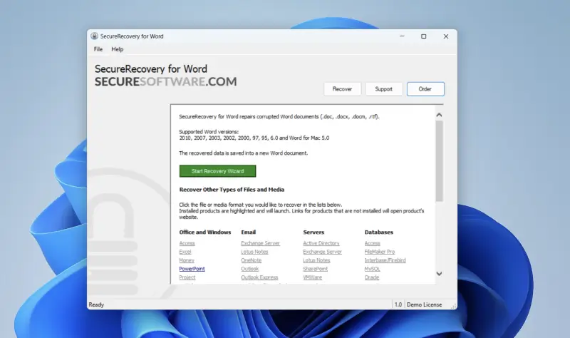 Primary screen of SecureRecovery for Word