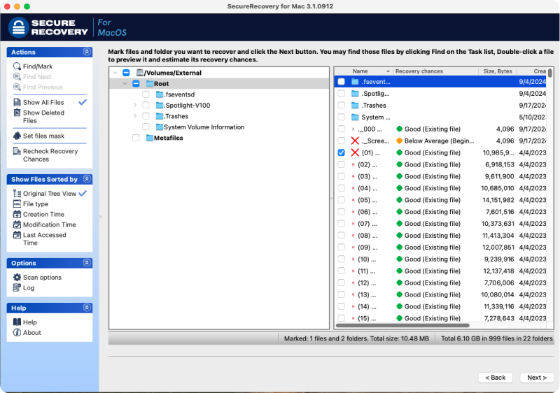 You will see a list of all of files found and the probability of recovery. Choose the files you need to recover.