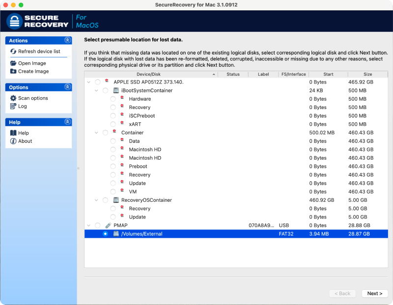 You will see a list of all the drives found on your device. Choose the drive that you want to recover.