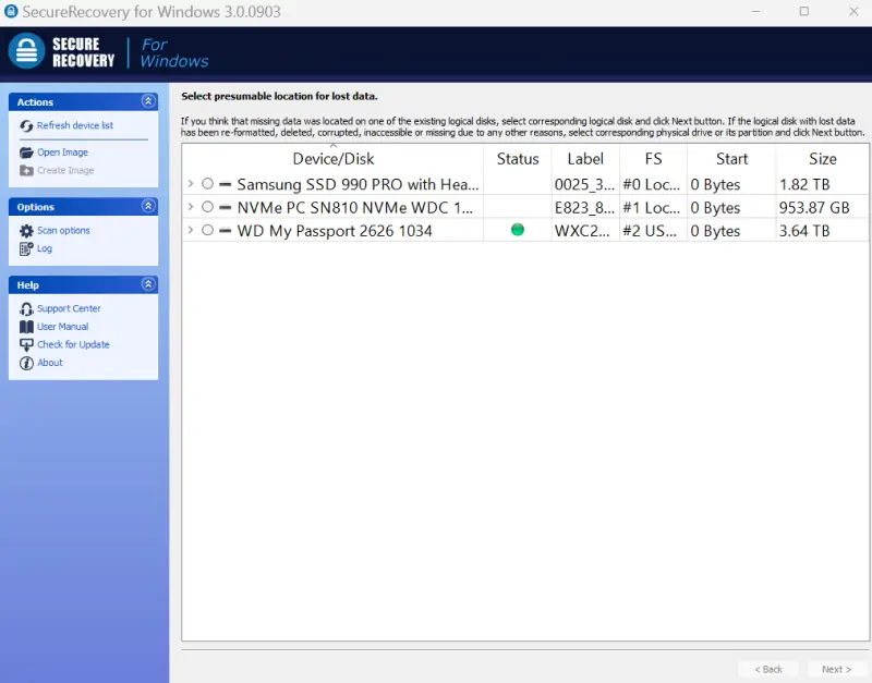 A screenshot showing the dashboard of SecureRecovery® for Windows.