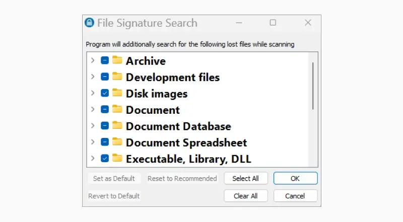 A screenshot showing the option to search for file signatures in SecureRecovery® for Windows.