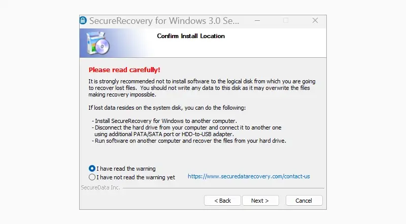 A screenshot showing the warning for installing SecureRecovery® for Windows on the drive with data loss.