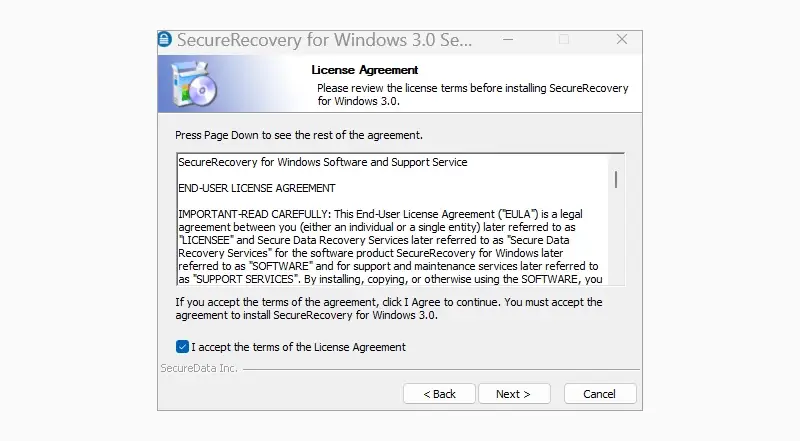 A screenshot showing the terms of the license agreement for SecureRecovery® for Windows.