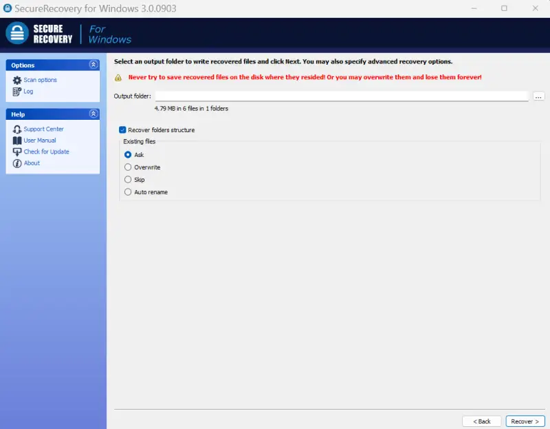 A screenshot showing the option to choose an output folder in SecureRecovery® for Windows.