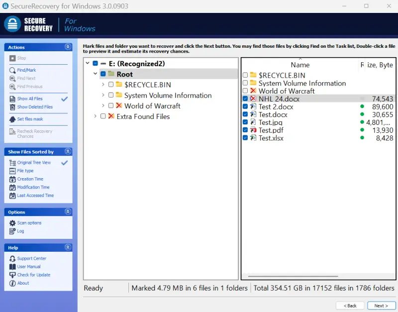 A screenshot showing the panel to recover files in SecureRecovery® for Windows.