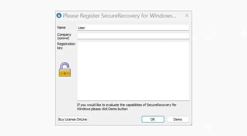 A screenshot showing the registration page for SecureRecovery® for Windows.