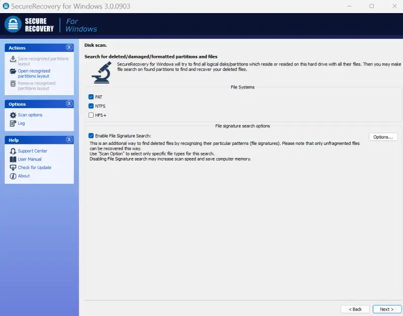 A screenshot showing the scanning options in SecureRecovery® for Windows.